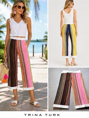 Trina Turk Multicolor Striped Ankle Crop Pants with Button Detail Size 6💛